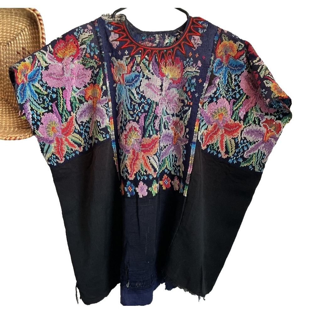 Vintage Guatemalan Huipil - Navy Handwoven Colorful Floral Print OS Handmade